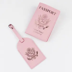 Rosa PU Leder Reisepasshülle und Gepäckanhänger Set mit stilvollem US Emblem Design.