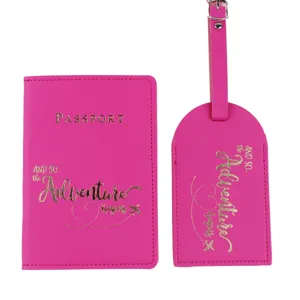 Pink PU leather passport holder and luggage tag travel set with stylish gold foil quotes.