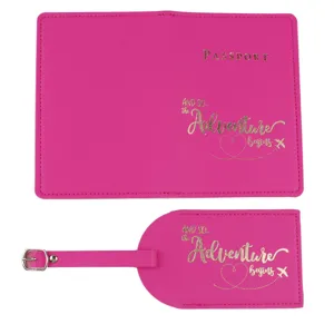Bright pink PU leather passport cover and luggage tag travel set with gold foil typography.