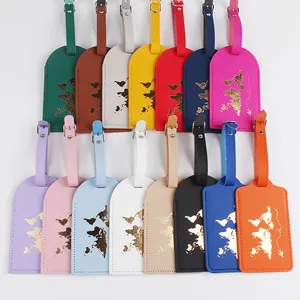 Etichette per bagagli in pelle PU colorata con motivo mappa del mondo dorata, accessori da viaggio.