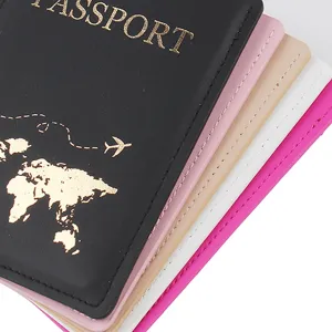 Hochwertige PU Leder Reisepasshülle mit Gold Weltkarte Motiv, buntes Reisedokument Etui.