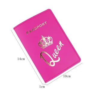 Funda de pasaporte de cuero PU rosa con detalle de corona y texto queen, tarjetero de viaje 14x10cm