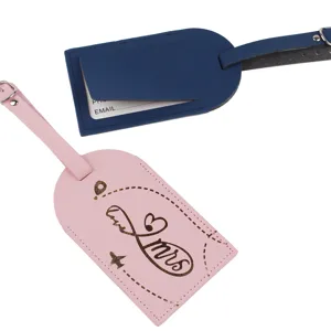Set di etichette per bagagli in pelle PU rosa e blu scuro, perfette per valigie da viaggio.