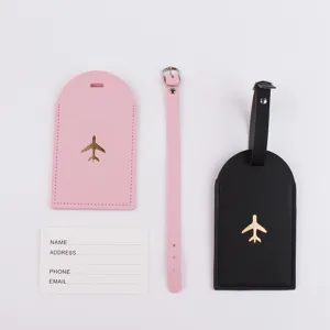 Set di etichette per bagagli in pelle PU con motivo aereo, porta ID da viaggio nero e rosa 2pz