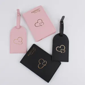 Travel passport holder and luggage tag set, cute heart pattern pu leather passport cover case.