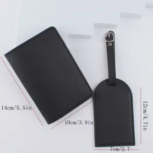 Set porta passaporto ed etichetta valigia in pelle PU nera, organizer documenti da viaggio chic.