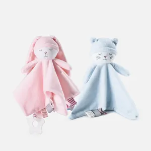 Cute baby security blanket plush toy set with soothing teether, soft bunny and cat design.