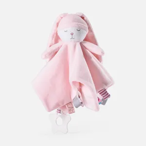 Cute pink bunny baby security blanket and soothing plush toy detail view for infants.