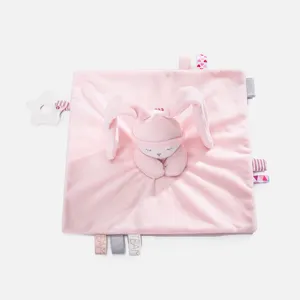 Pink bunny baby security blanket, soft plush comfort toy for infant sleeping and soothing.