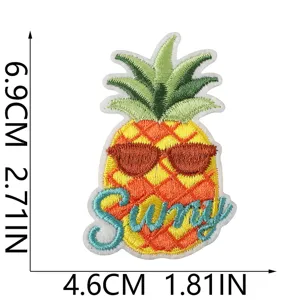 Tropical pineapple embroidered patch detail with sunglasses and sunny text design.