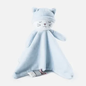 Close-up detail of the soft blue cat security blanket with cute embroidered sleeping face.