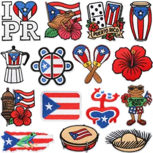 Puerto Rico Thema Bestickte Aufnäher zum Aufbügeln Aufnähen Abzeichen Applikationen für DIY Kleidung Zubehör Dekoration
