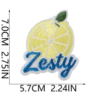 Summer lemon embroidered patch with zesty text, cute DIY clothing repair applique badge.
