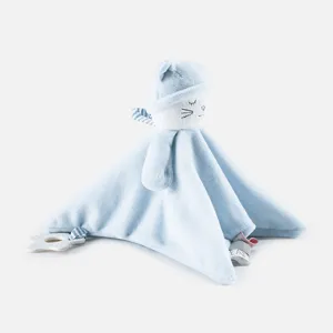 Soft blue baby security blanket with plush animal head and teether, soothing toy for infants.