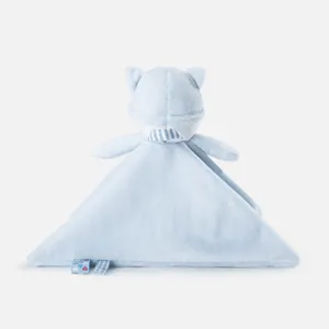 Blue plush baby security blanket with cute animal head and comforting design for infant sleep.