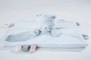 Blue plush baby security blanket with cat toy, soothing towel with teether and tags.