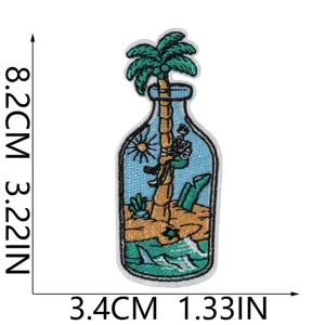 Retro skeleton surfing embroidery patch, tropical palm tree bottle design, clothing decor.
