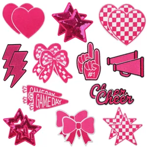 Pink embroidered patches set featuring hearts stars and cheer letters for DIY clothing decor