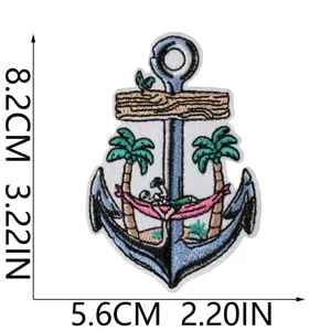 Detailed view of retro skeleton anchor embroidered patch, beach island style sew iron on.