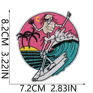 Retro skeleton surfing embroidered patch Hawaiian island style clothing DIY decorative badge applique.