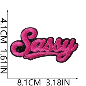Detalle de parche bordado Sassy, letras rosas con borde negro, accesorio DIY ropa