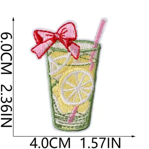 Cute lemonade drink embroidered patch with pink bow, DIY clothing iron-on badge accessory.