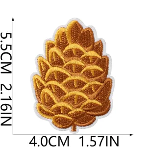 Pinecone embroidery patch close-up detail showcasing fine stitching texture and exact dimensions.
