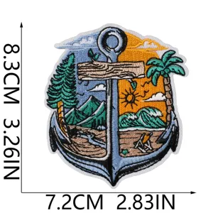 Embroidery patch featuring a scenic anchor design with tropical and mountain landscape elements.