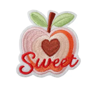 Cute fruit embroidered patch with sweet heart design, iron on badge for clothing decor.