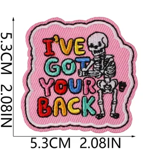 Embroidered skeleton patch detail close-up, colorful lettering design, pink cloth badge.