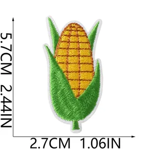 Detailed view of cute corn embroidered patch, farm theme DIY clothing repair accessory.