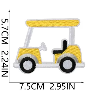 Vue détaillée du patch brodé chariot de golf montrant les coutures précises et la qualité.