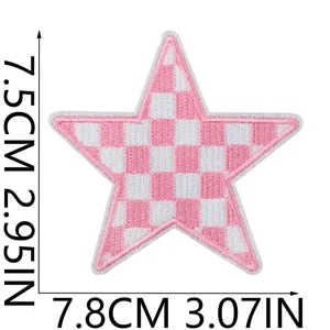 Pink and white checkered star embroidered patch iron on clothing DIY decorative applique.