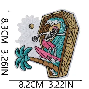 Retro Skeleton Surfing Embroidery Patch Coffin Wave Design Iron On Clothing Badge 8.3x8.2cm