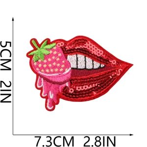 Patch brodé lèvres fraise à paillettes pour vêtements réparation bricolage insigne.