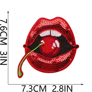 Patch brodé lèvres rouges paillettes cerise applique thermocollant vêtement DIY
