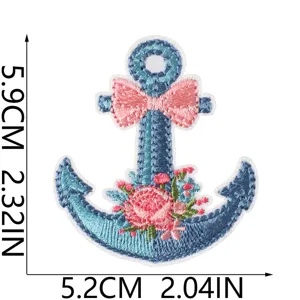 Anchor embroidered cloth patch with pink bow and floral design for DIY clothing decor