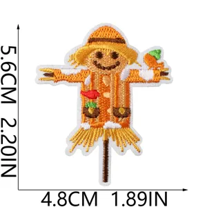 Cute scarecrow embroidery patch for clothing repair, farm theme DIY fabric accessory.