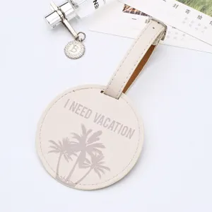 Etiqueta de equipaje redonda de cuero con estampado de palmera y cita de vacaciones, beige.