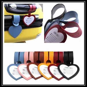 Heart-shaped PU leather luggage tag set, travel bag ID label with name card slot.