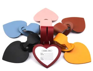 Heart-shaped PU leather luggage tags, multi-color travel suitcase ID labels, bag accessories.