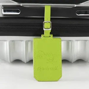 Etiquette de bagage en cuir PU vert vif avec motif d'avion gaufre pour valise.