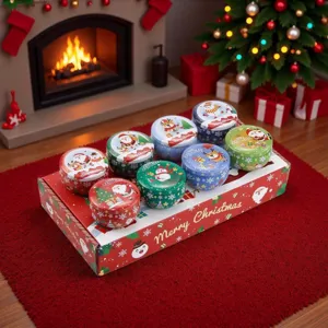 Christmas tin cans set with lids, 2.2oz metal candle storage containers for holiday gift packing.