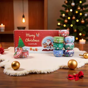 Christmas scented candles gift set with metal tin jars, festive holiday decor and home aroma.