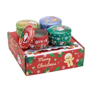 Christmas theme tin cans set with gift box, 2.2oz metal candle jars for holiday gifts.