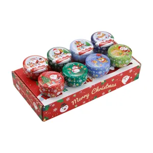 Set of 8 colorful Christmas tin boxes for candles, candy, and holiday gifts storage.