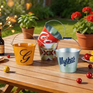 Metall-Eisbehälter-Detailansicht, verzinkter Bierkübel mit bunten Logos für Outdoor-Bar.
