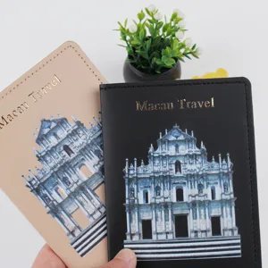 PU Leder Passhülle Reise Geldbörse Kartenetui mit Macau Wahrzeichen Druck Detail.