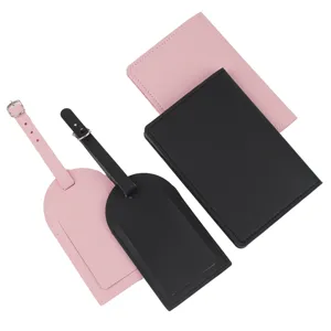 Detailed view of PU leather passport holder and luggage tag set, black and pink travel 4pcs.
