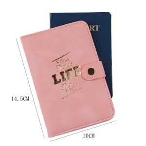 PU leather passport cover with gold foil quote, travel document organizer and card holder.
